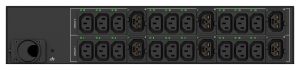 Raritan PX4-4498R-E8 -räkki-PDU edestä: lähdöt ja ohjainmoduuli