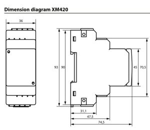 Bender XM420 -moduulin mittapiirros: etu- ja sivukuva mittoineen (mm)