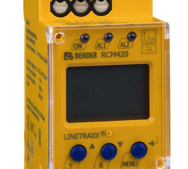 Bender LINETRAXX RCM420 -vikavirran valvontarele DIN-kiskoon, näyttö ja painikkeet