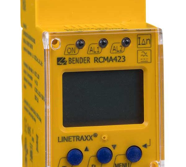 Bender LINETRAXX RCMA423 -vikavirran valvontarele DIN-kiskoon, näyttö ja painikkeet