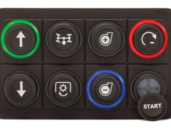 Blink Marine PKP-2400-LI, kahdeksannäppäiminen CAN-näppäimistö, vihreä, punainen ja sininen merkkivalorengas, edessä irrotettu START-symboli-insertti