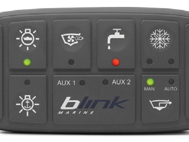 Blink Marine PowerKey 1000, harmaa CAN-näppäimistö venekäytön symboleilla ja palavilla vihreillä ja punaisella merkkivalolla