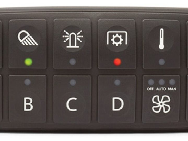 Blink Marine PowerKey 1400, musta 14-näppäiminen CAN-näppäimistö symboleilla ja palavilla merkkivaloilla