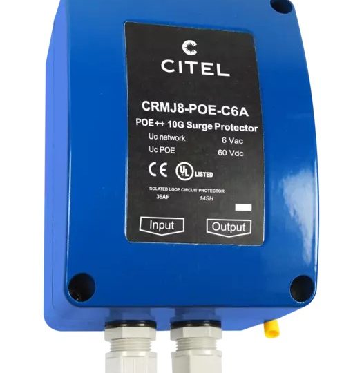 CITEL CRMJ8-POE-C6A -ylijännitesuoja PoE-verkkoon, sininen kotelo kaapeliläpivienneillä
