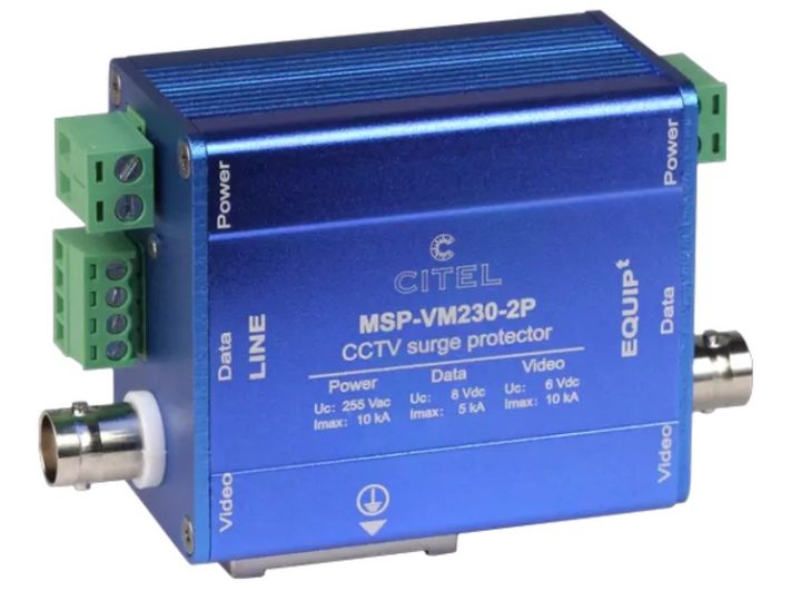 CITEL MSP-VM230-2P -ylijännitesuoja valvontakameroille, sininen metallikotelo BNC- ja ruuviliittimillä