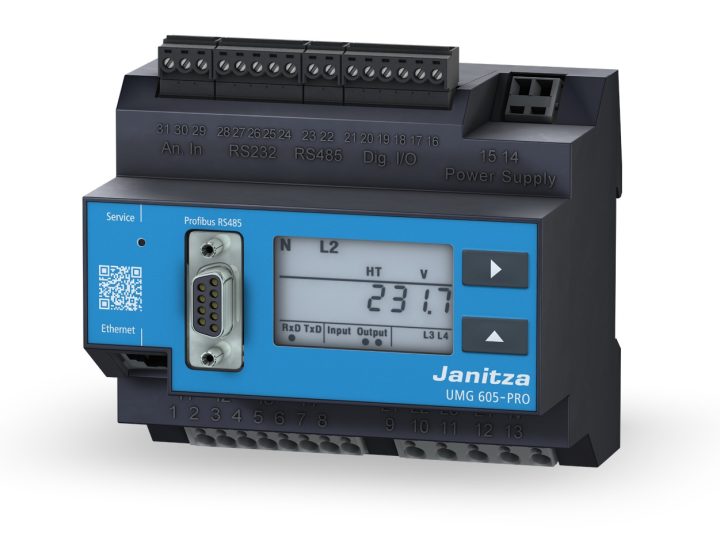 Janitza UMG 605-PRO -verkkoanalysaattori DIN-kiskoon, näyttö ja Profibus-liitäntä