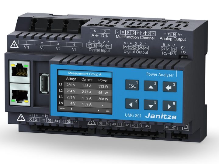 Janitza UMG 801 -modulaarinen verkkoanalysaattori, värinäyttö ja kaksi Ethernet-liitäntää