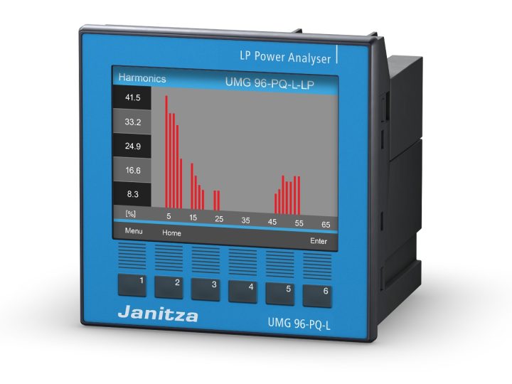 Janitza UMG 96-PQ-L -sähkönlaadun analysaattori, värinäyttö harmonisten yliaaltojen kuvaajalla