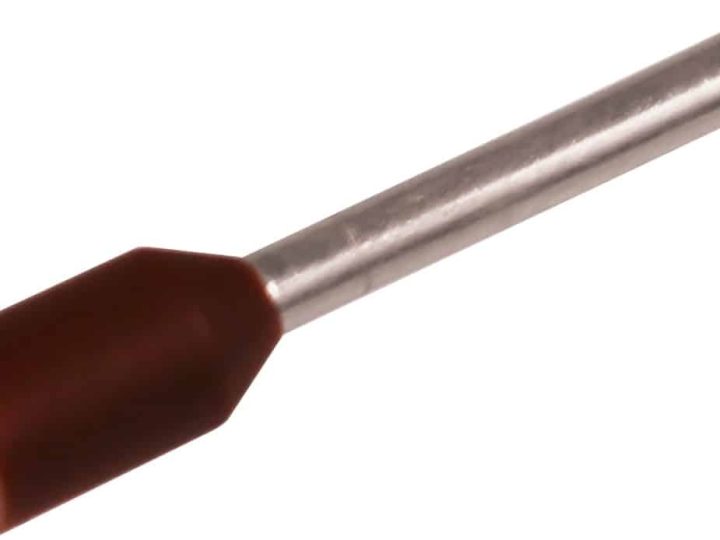 Elpress studio photograph of a single pre-insulated bootlace end terminal (ferrule) lying diagonally on white: a dark brown moulded insulation collar with a flared entry mouth, joined to a bright tin-plated copper barrel.