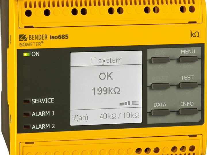 Bender ISOMETER iso685 -eristystilan valvontarele, keltainen DIN-kiskokotelo, grafiikkanäyttö ja kuusi painiketta
