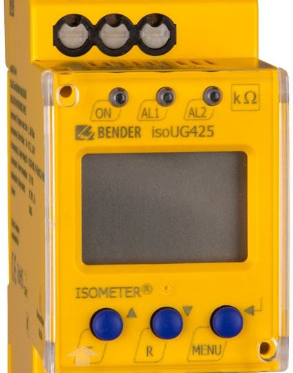 Bender ISOMETER isoUG425 -eristystilan valvontarele DIN-kiskoon, nestekidenäyttö ja kolme painiketta
