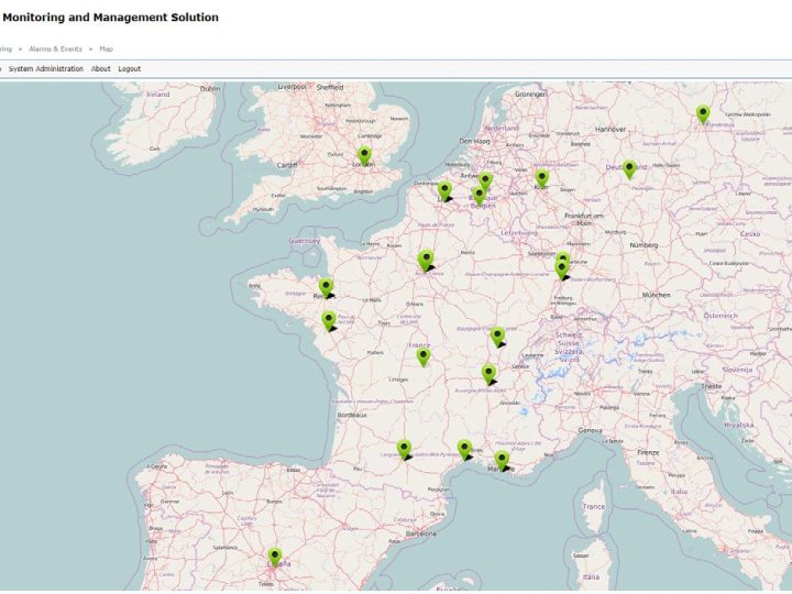 OneManage-käyttöliittymä, jossa Euroopan kartalla näkyvät valvotut päätelaitteet ja niiden tilamerkinnät