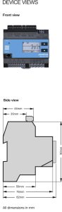 Janitza UMG 604E-PRO -laitenäkymät: etupaneeli liittimineen ja näyttöineen sekä sivukuva mitoituksineen (82 × 90 mm, DIN-kiskoasennus). Datalehdellä laitteen nimi on UMG 604-PRO.