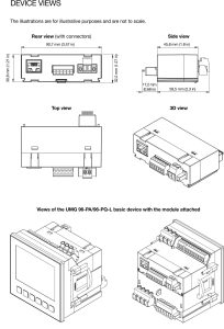 Module 96-RCM-E -moduulin mittapiirrokset: taka-, sivu-, ylä- ja 3D-kuva sekä näkymät UMG 96-PA/96-PQ-L -peruslaitteesta moduuli asennettuna.