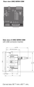 Janitza UMG 96RM-CBM: takaosan liitäntäkuva USB-portilla sekä mitoitettu sivukuva USB-liitin kytkettynä, asennusaukko 92 x 92 mm.