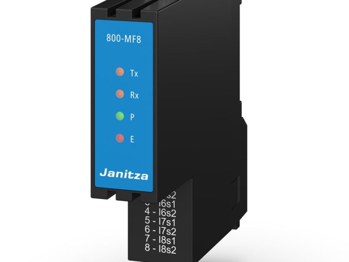 Janitza Module 800-MF8 -multifunktiomoduuli, musta DIN-kiskomoduuli sinisellä etupaneelilla ja merkkivaloilla