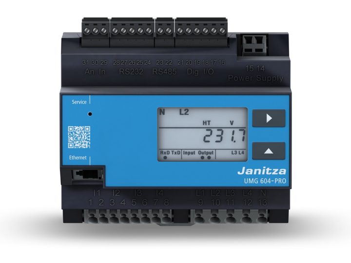 Janitza UMG 604E-PRO -verkkoanalysaattori DIN-kiskoon, näyttö, liitinrivit ja Ethernet-liitäntä