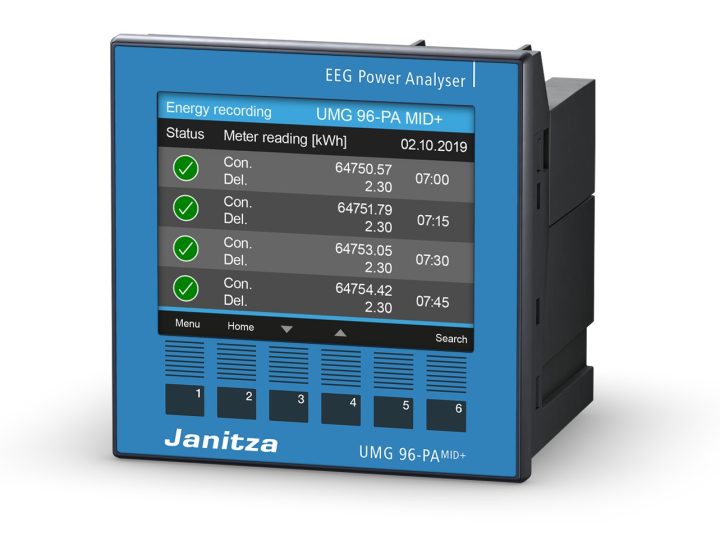 Janitza UMG 96-PA-MID+ -paneelimittari, värinäyttö mittaustaulukolla ja kuusi painiketta