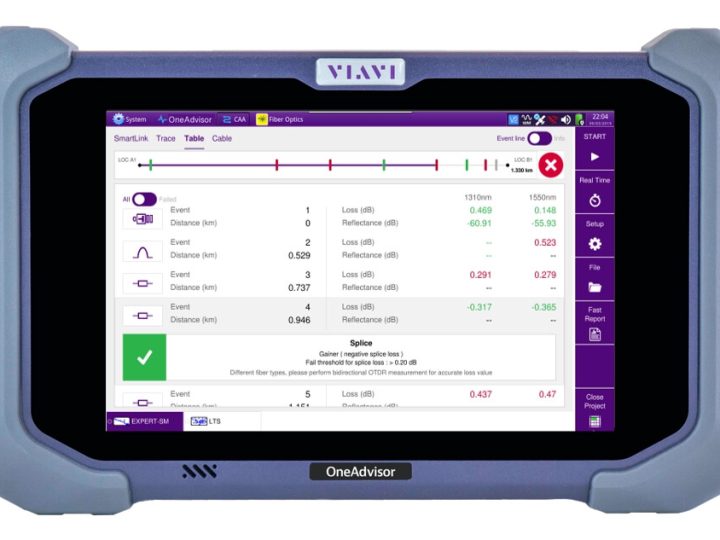 VIAVI OneAdvisor 800 Fiber: OTDR-mittauksen tulostaulukko kosketusnäytöllä